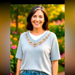 Parisian Works Embroidered Floral Knit Pullover Top XL